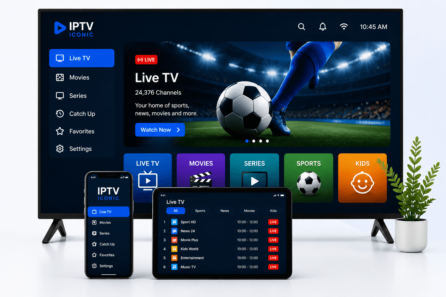 IPTV Iconic streaming player interface on TV, smartphone and tablet
